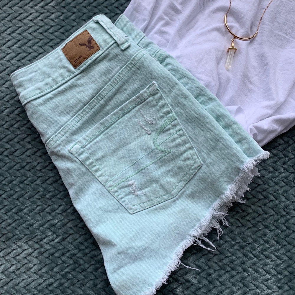 AEO High-Rise Festival Turquoise Distressed Shorts